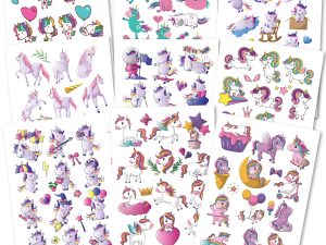 150 hautschonende Kindertattoos - Thema: Einhorn Magie - 9 Tattoobögen im A6-Format - made in Germany